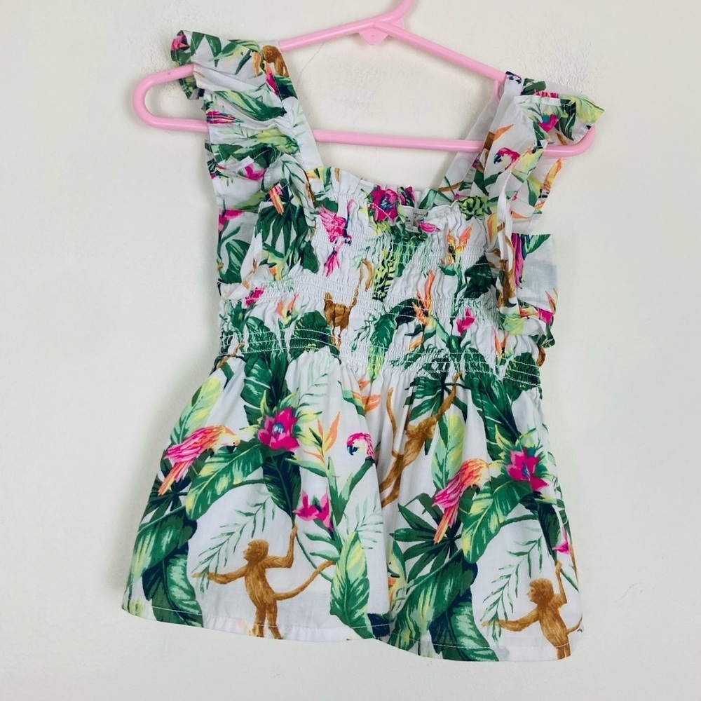 Janie and Jack tropical pink & green flutter sleeve top whimsical monkey print.3